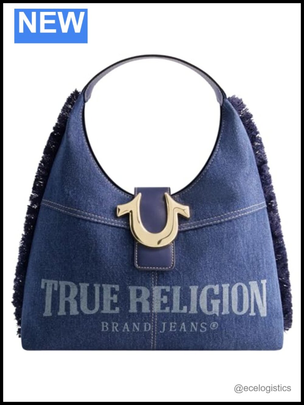 Frayed Denim Hobo Bag, Medium Shoulder Purse with Horseshoe Logo